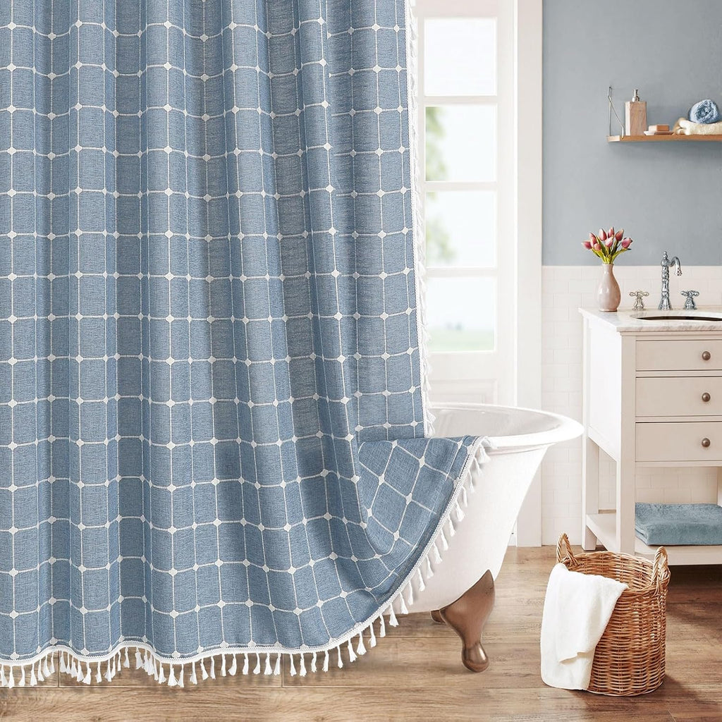 Boho Farmhouse Classic Plaid Linen Tassel Shower Curtain Blue,72x72