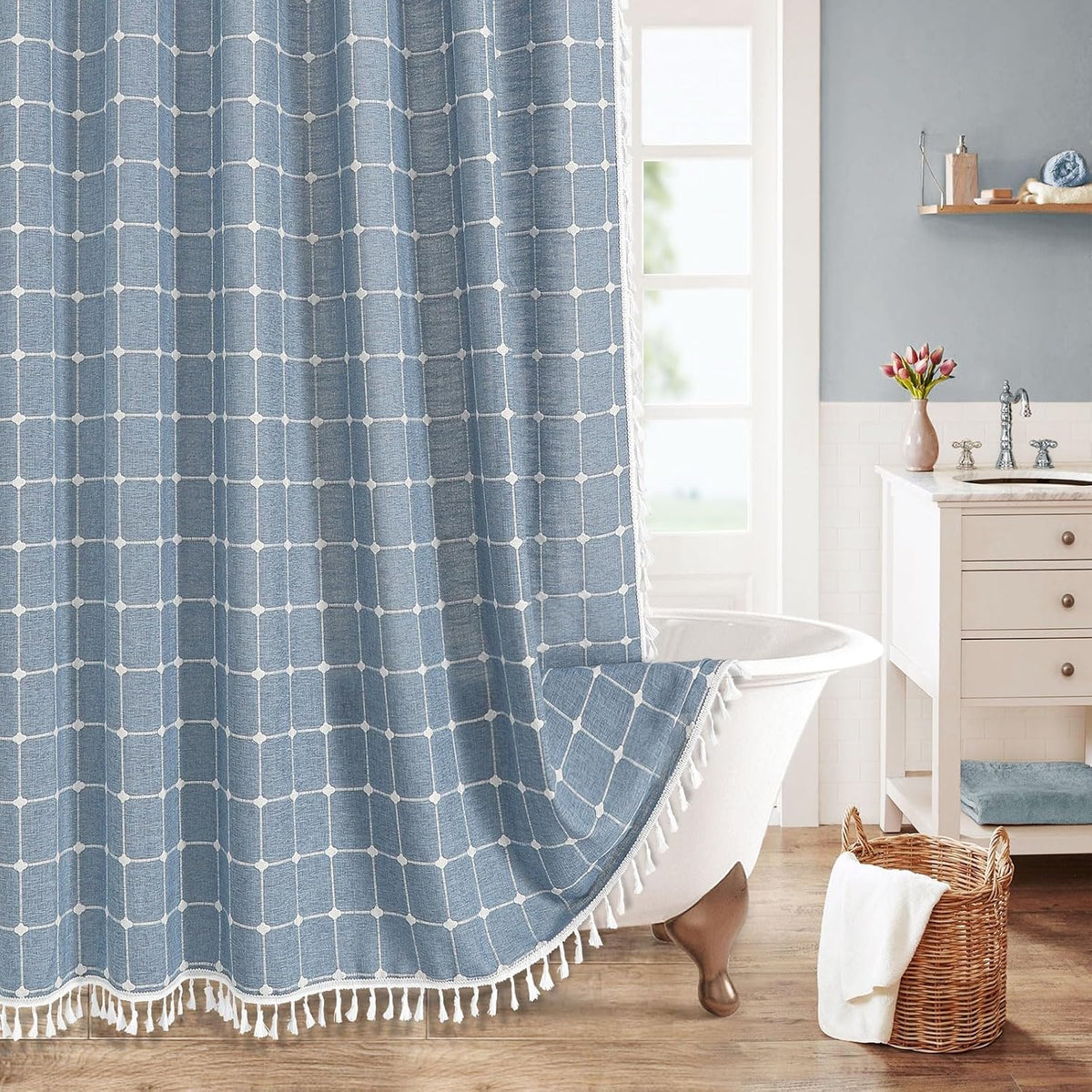 Boho Farmhouse Classic Plaid Linen Tassel Shower Curtain Blue,72x72
