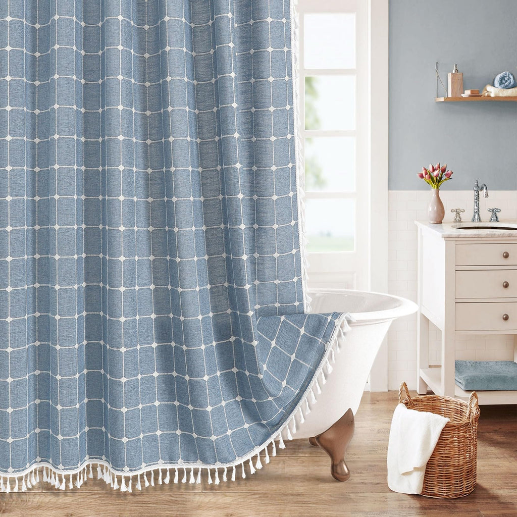 Boho Farmhouse Classic Plaid Linen Tassel Shower Curtain Blue,72x72