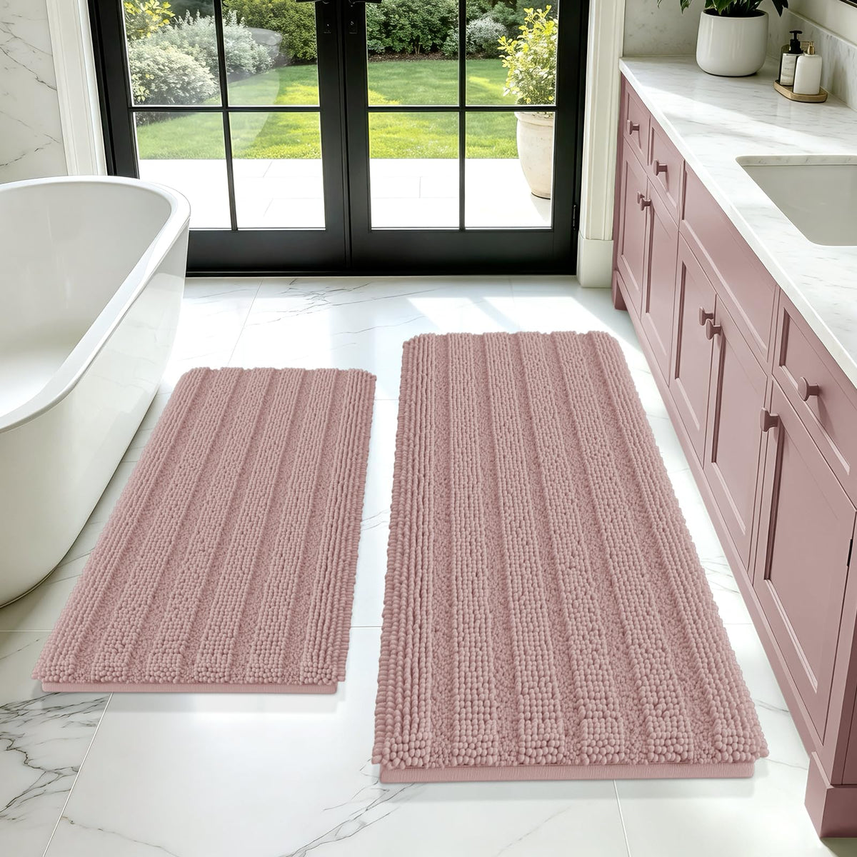 ACCUMTEK Striped Navy Blue Bathroom Rug Set 3 Pieces Ultra Soft, Non Slip Chenille Toilet Mat, Absorbent Plush Shaggy Bath Mats for Bathroom, Bedroom, Kitchen