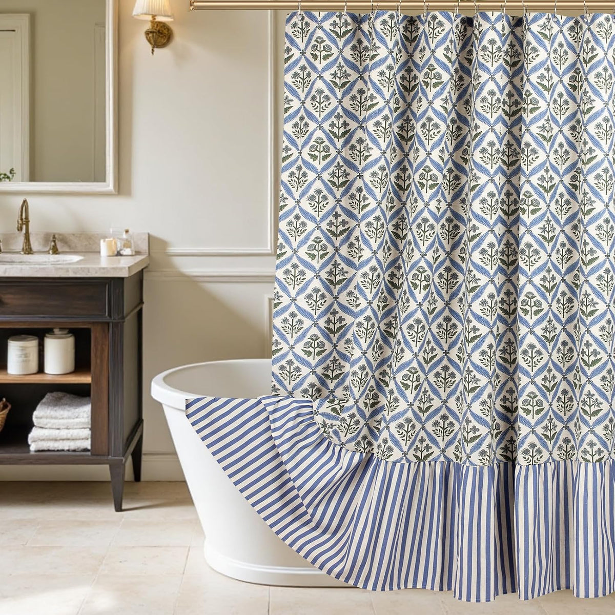 Linen Textured Ruffle Shower Curtain - Blue Vintage Floral Block Print, Boho Cottagecore Farmhouse French Country Bathroom Decor Set, 72x72 Inches