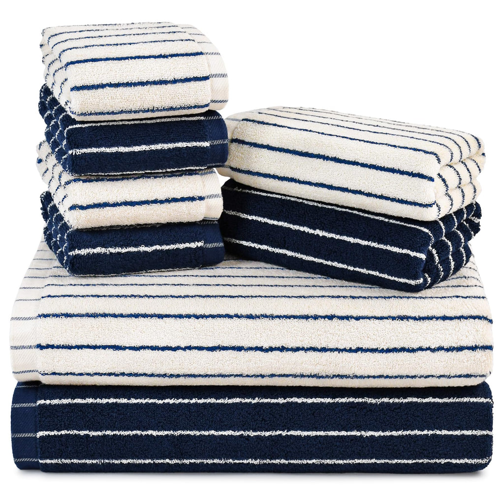 8 Piece Black and Ivory Towel Set, Super Soft & Absorbent Cotton Striped