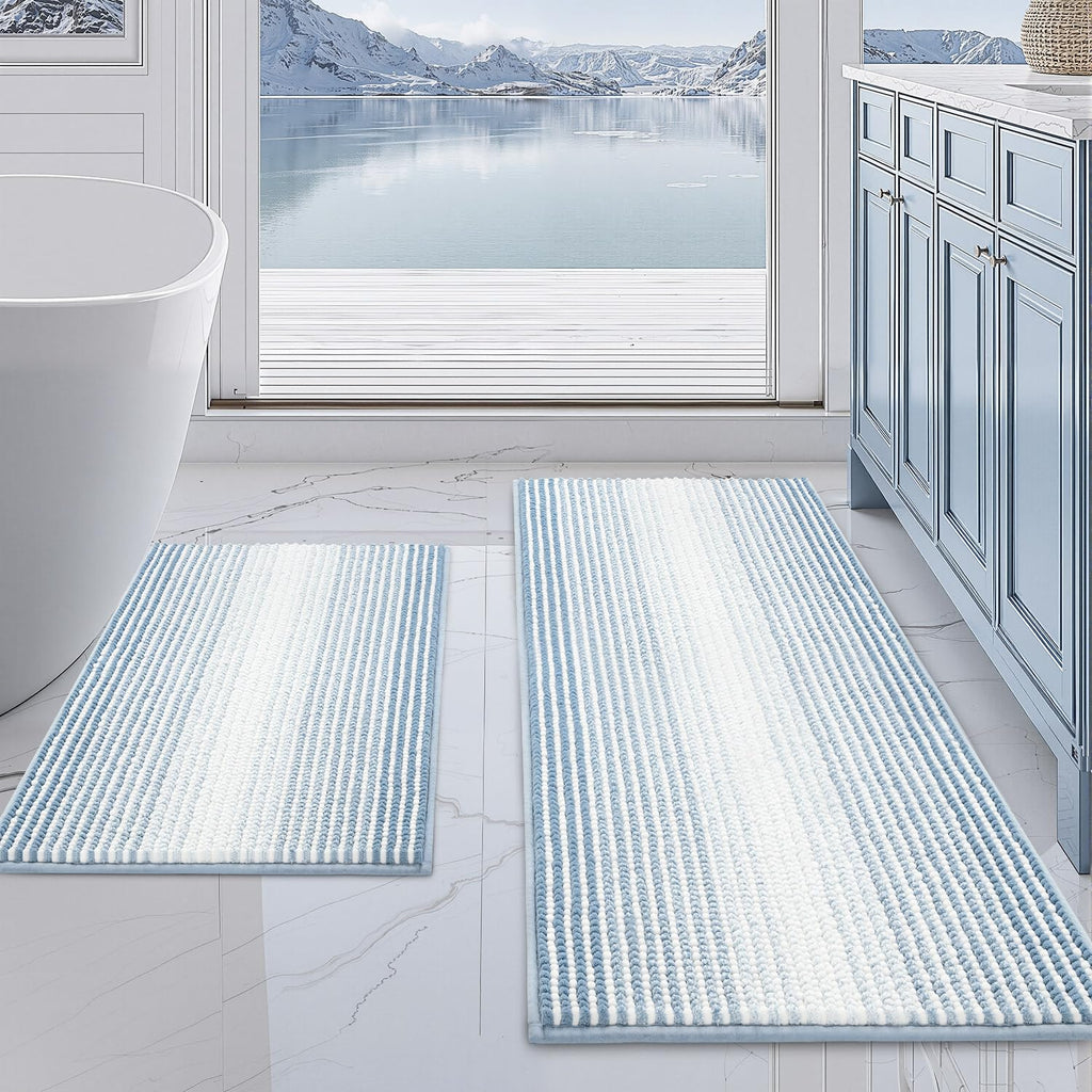 BSICPRO Bathroom Rugs Sets 2 Piece, Non Slip Striped Bath Mats, Fog Blue