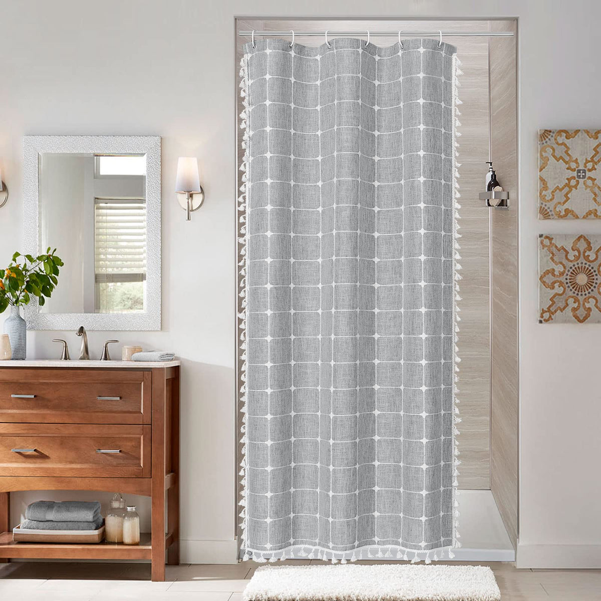 Boho Farmhouse Classic Plaid Linen Tassel Shower Curtain Blue,72x72