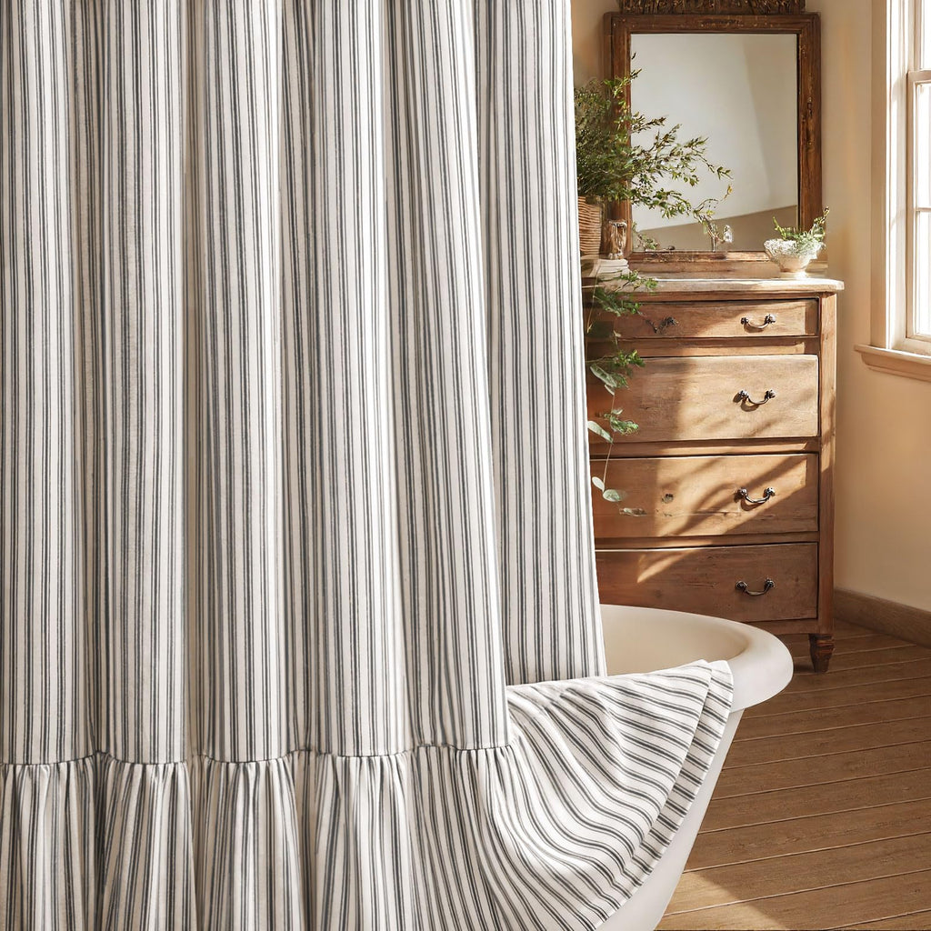 Farmhouse Shower Curtain Ruffle Linen Cream-Beige Stripe 72"W x 72"L