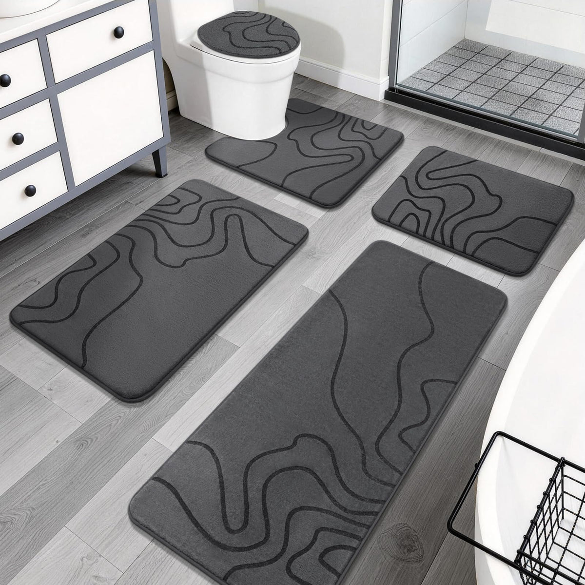 YIHOUSE Memory Foam Bathroom Rugs Sets 2 Piece, 17"x24"+20"x46", Dark Grey