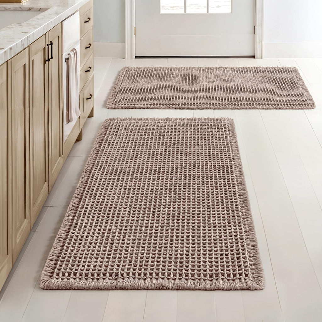 MIULEE Set of 2 Waffle Bathroom Rugs Boho Bath Mat Brown 18x30 Inch