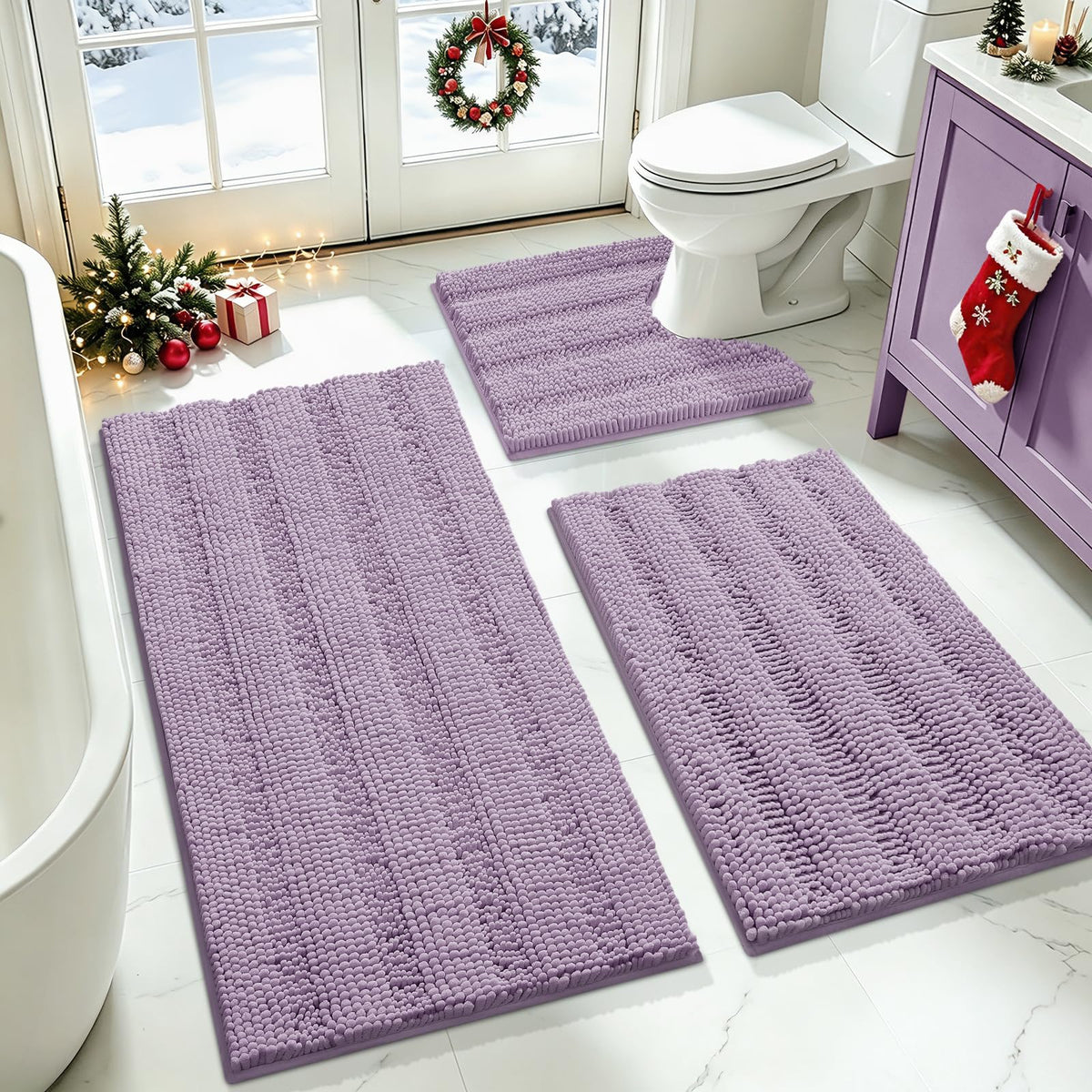 ACCUMTEK Striped Navy Blue Bathroom Rug Set 3 Pieces Ultra Soft, Non Slip Chenille Toilet Mat, Absorbent Plush Shaggy Bath Mats for Bathroom, Bedroom, Kitchen