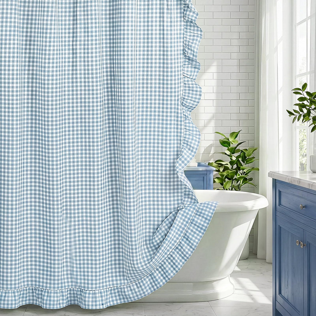 HunnmingRe Ruffled Gingham Shower Curtain Red