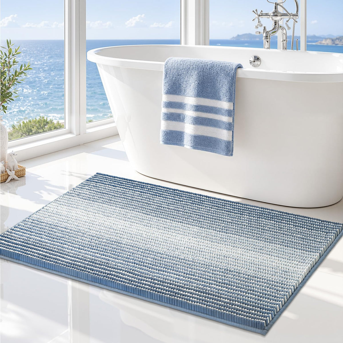 BSICPRO Bathroom Rugs Sets 2 Piece, Non Slip Striped Bath Mats, Fog Blue