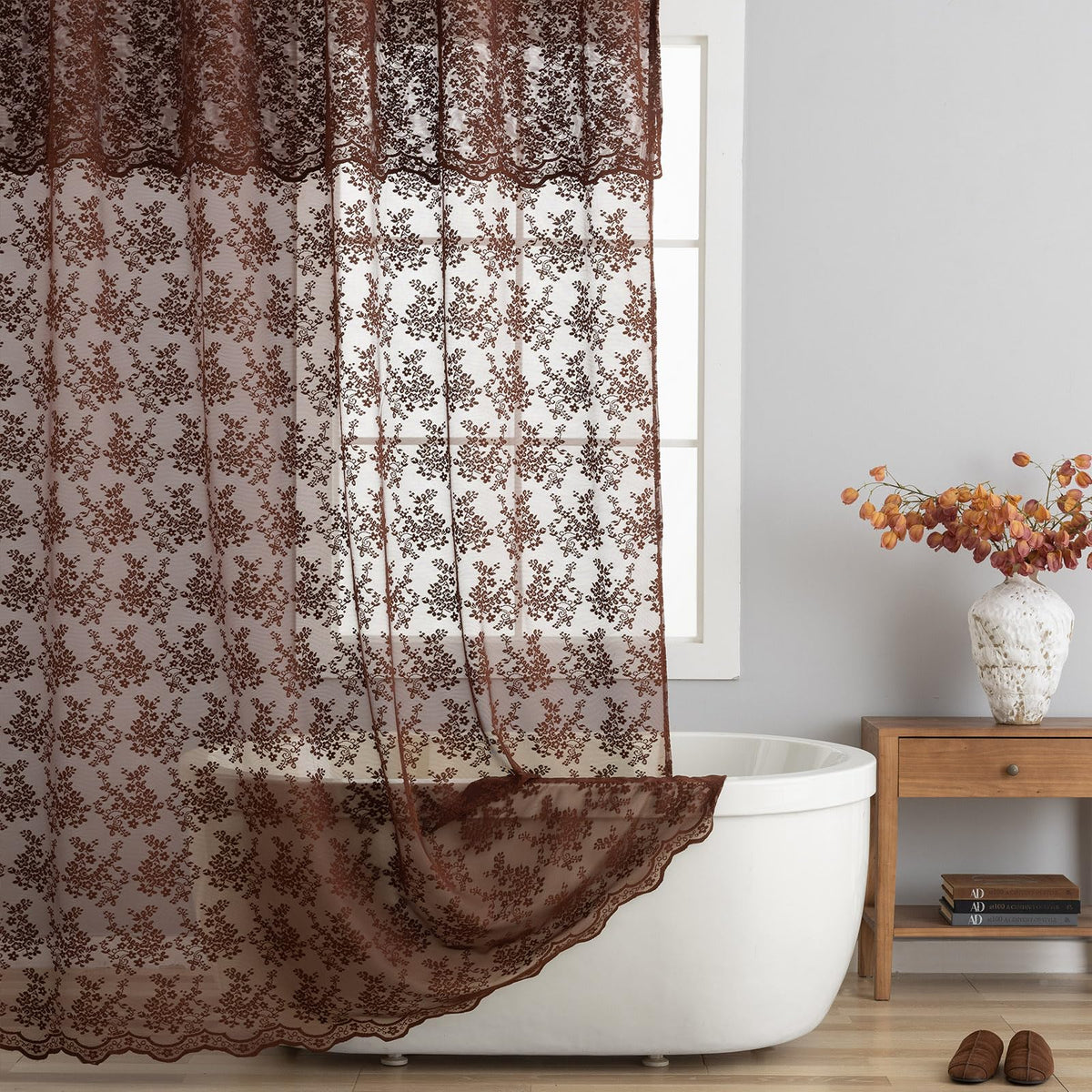 TUDECO White Lace Shower Curtain with Attached Valance 72 x 72 Inch