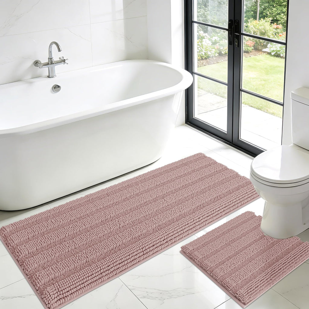 ACCUMTEK Striped Navy Blue Bathroom Rug Set 3 Pieces Ultra Soft, Non Slip Chenille Toilet Mat, Absorbent Plush Shaggy Bath Mats for Bathroom, Bedroom, Kitchen