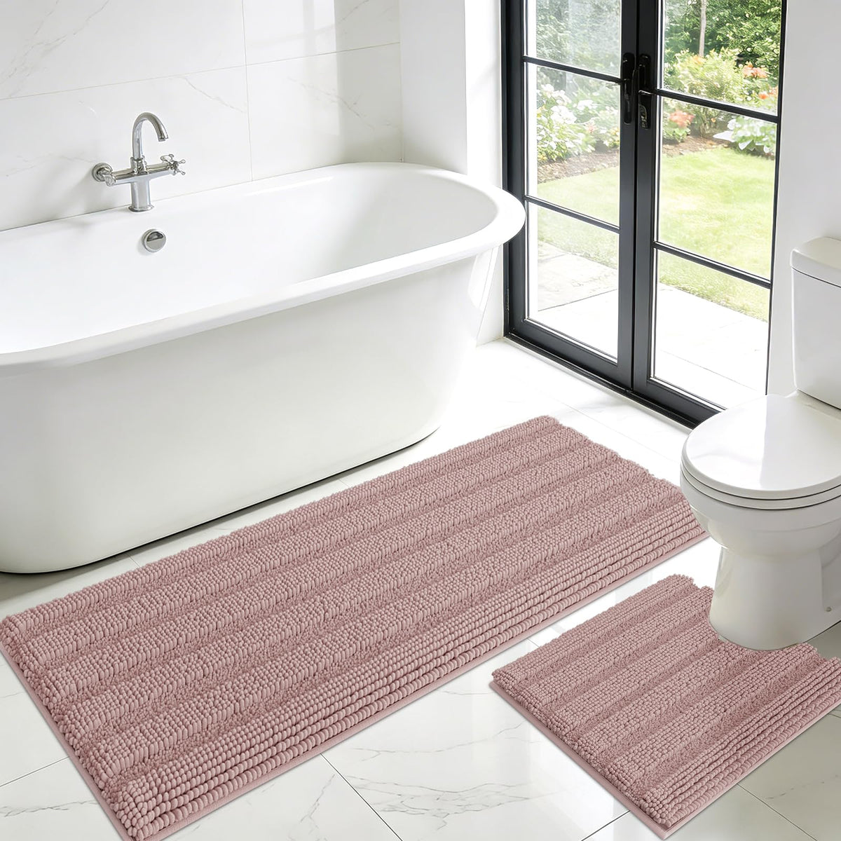 ACCUMTEK Striped Navy Blue Bathroom Rug Set 3 Pieces Ultra Soft, Non Slip Chenille Toilet Mat, Absorbent Plush Shaggy Bath Mats for Bathroom, Bedroom, Kitchen