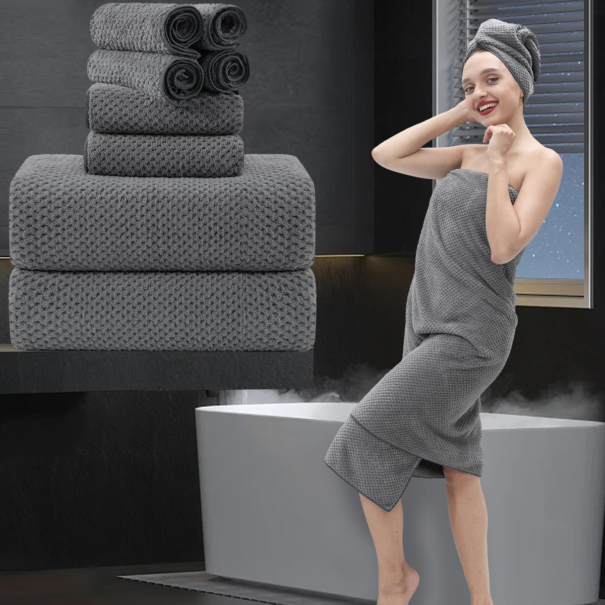 8 Piece Bathroom Towel Set Black White|2 Oversized Large Bath Towels Sheet,2 Hand Towels,4 Washcloths| 600GSM Soft Towel Set for Bathroom Hotel,Highly Absorbent Quick Dry Bath Towel Collections