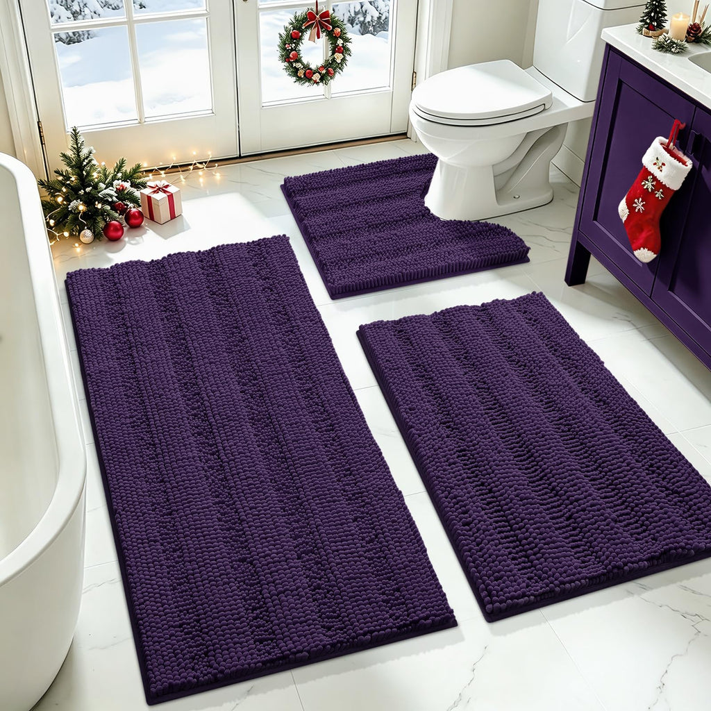 ACCUMTEK Striped Navy Blue Bathroom Rug Set 3 Pieces Ultra Soft, Non Slip Chenille Toilet Mat, Absorbent Plush Shaggy Bath Mats for Bathroom, Bedroom, Kitchen