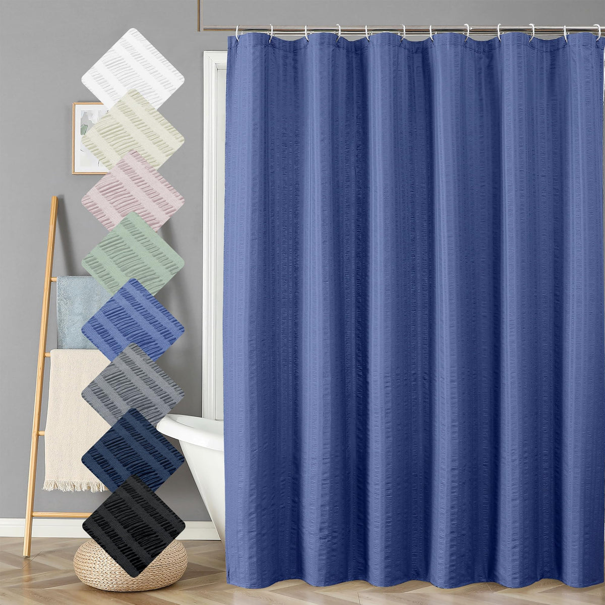 Aiyufeng Moga Navy Blue Fabric Shower Curtains for Bathroom - Blue Hotel Spa Polyester Cloth Bath Curtain with 12 Holes, 72x72, Machine Washable, Navy Blue