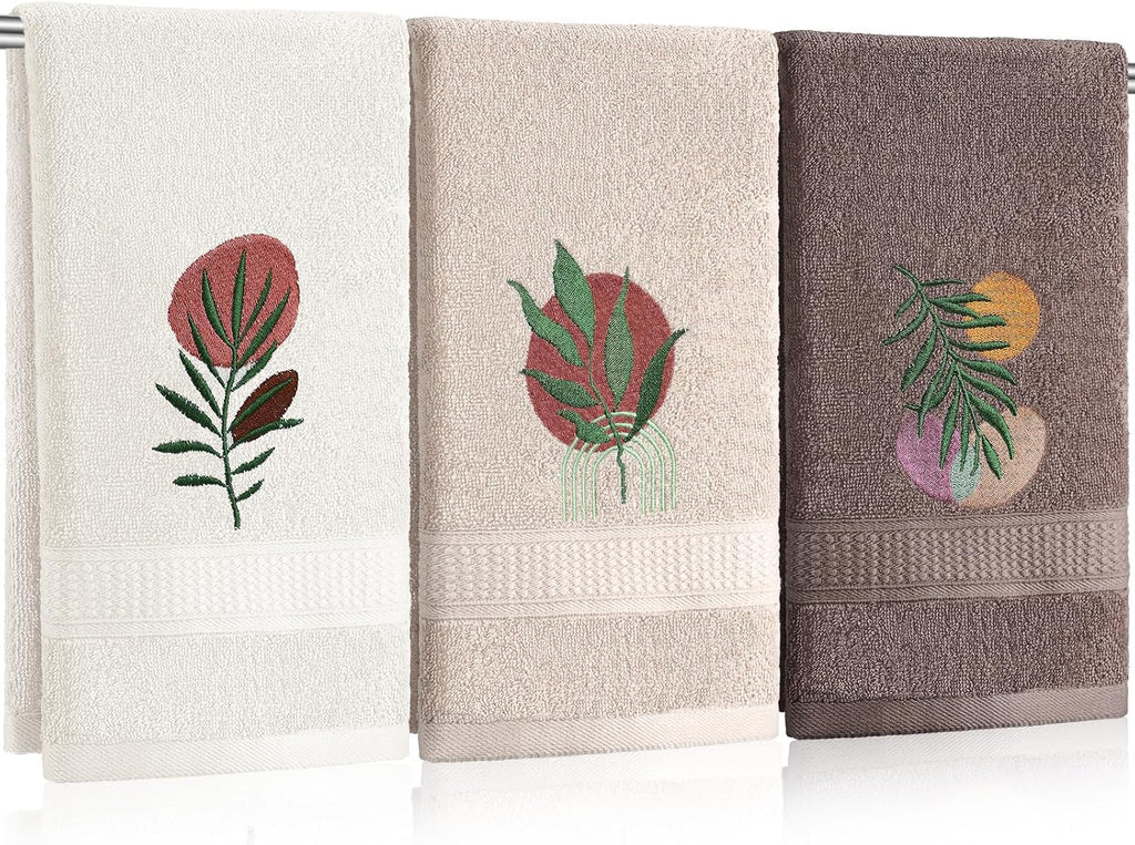 Hahafelt 3 Pack Boho Leaves Hand Towels for Bathroom, 100% Cotton