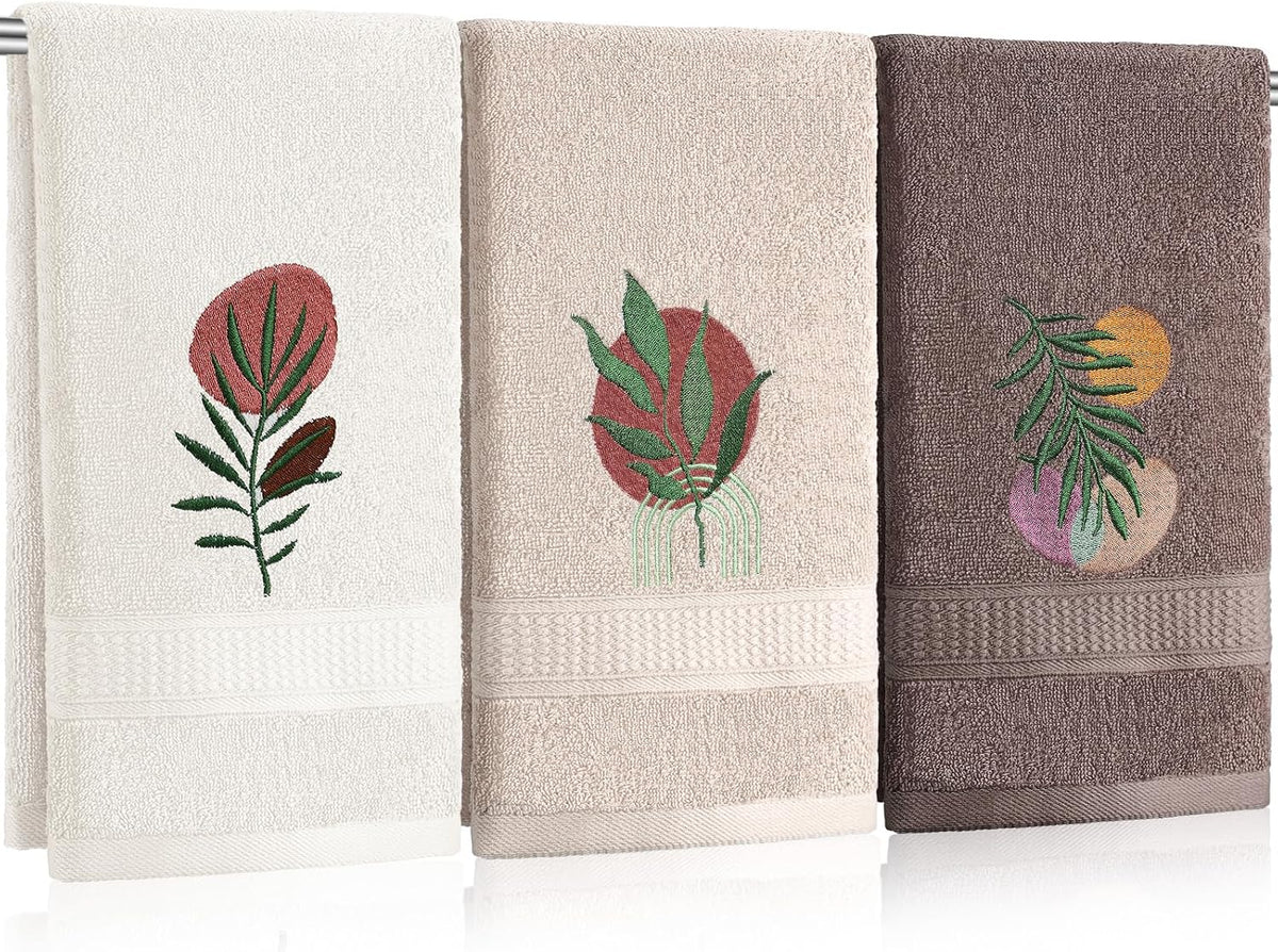 Hahafelt 3 Pack Boho Leaves Hand Towels for Bathroom, 100% Cotton