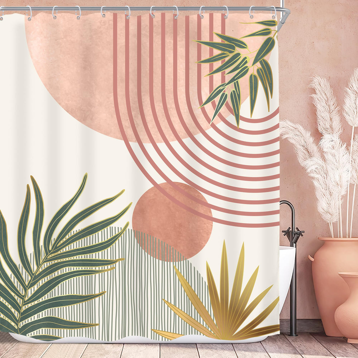 Mid Century Green Orange Boho Abstract Modern Bathroom Shower Curtain Set