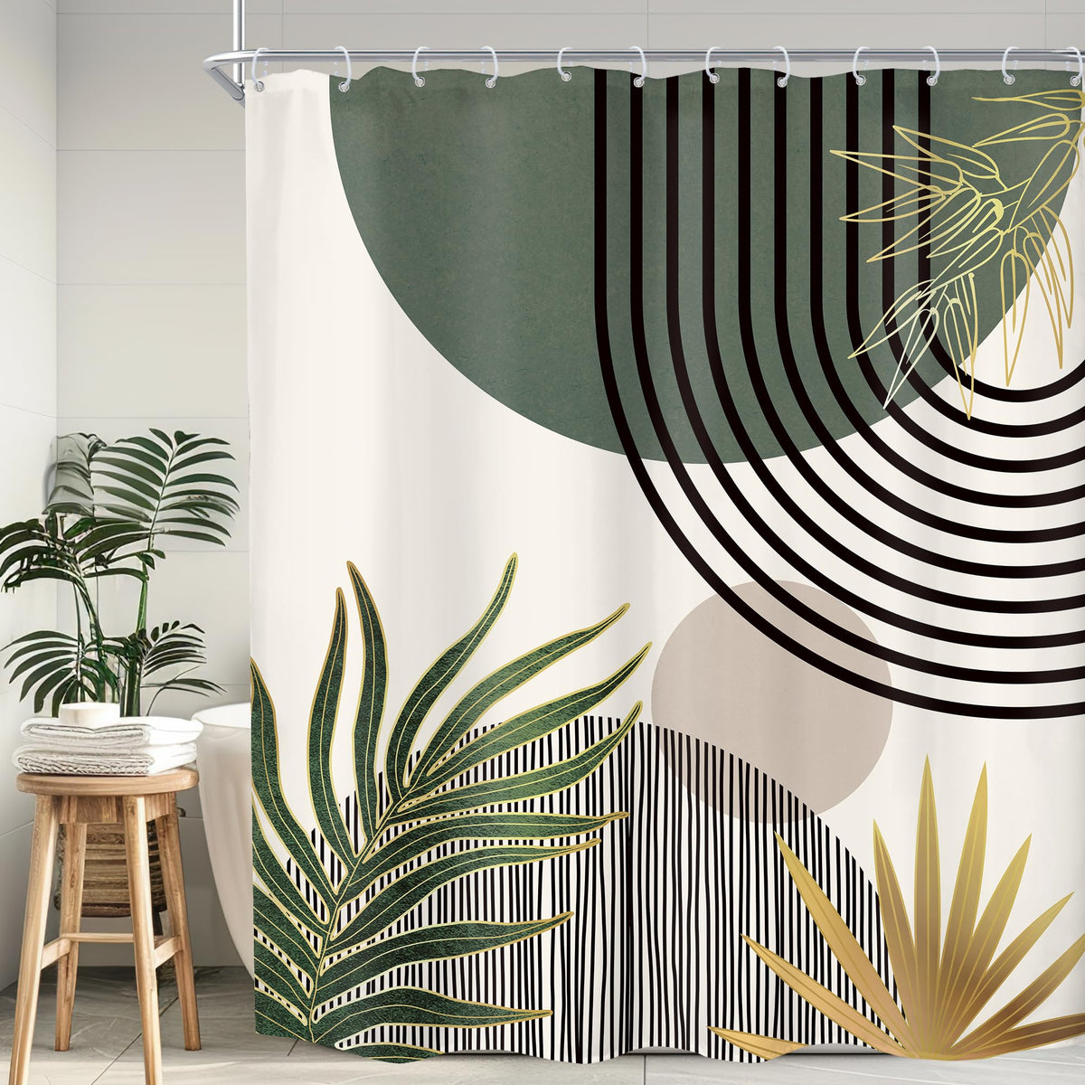 Mid Century Green Orange Boho Abstract Modern Bathroom Shower Curtain Set