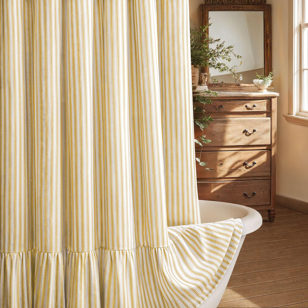 Farmhouse Shower Curtain Ruffle Linen Cream-Brown Stripe 72"W x 72"L