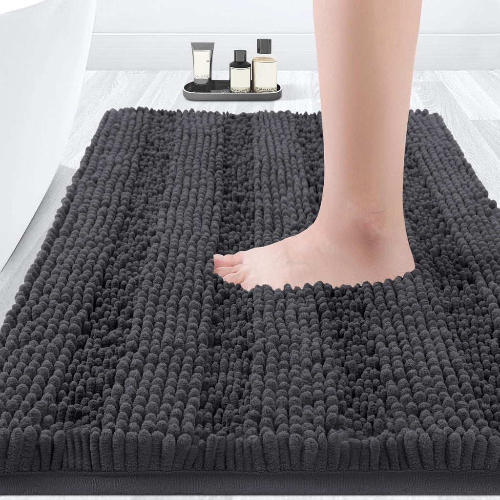 ACCUMTEK Striped Navy Blue Bathroom Rug Set 3 Pieces Ultra Soft, Non Slip Chenille Toilet Mat, Absorbent Plush Shaggy Bath Mats for Bathroom, Bedroom, Kitchen