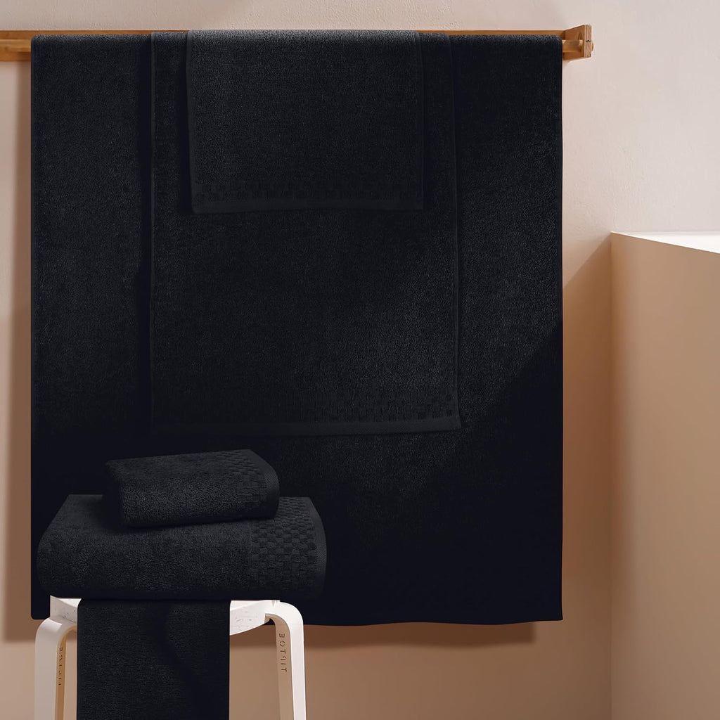 MyOwn Premium Cotton 6 Pack Towel Set for Bathroom, Contains 2 Bath Towels 28x55 inch, 2 Hand Towels 16x24 inch & 2 Wash Coths 12x12 inch, Ideal Everyday use, Compact & Lightweight - Black