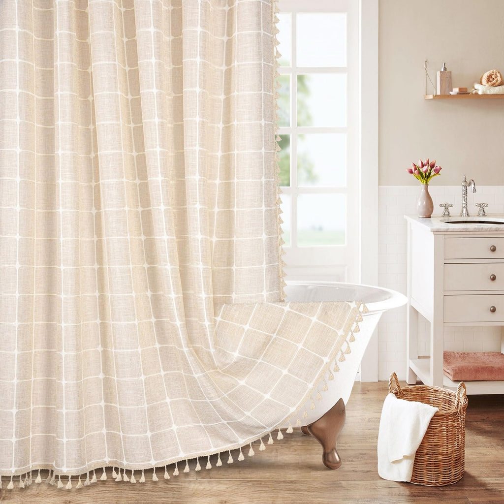 Boho Farmhouse Classic Plaid Linen Tassel Shower Curtain Blue,72x72