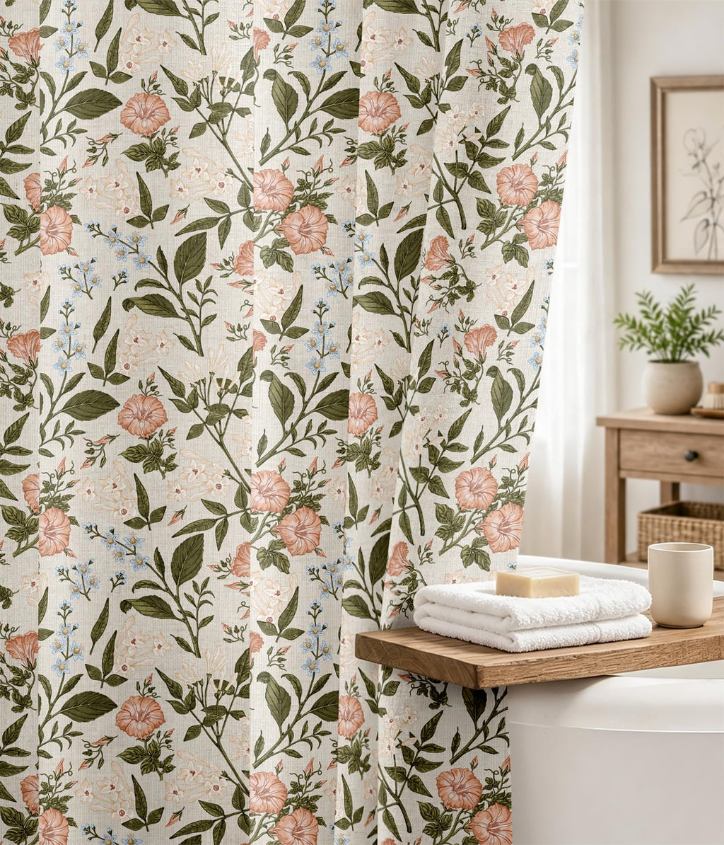 MAMUSE Linen Shower Curtain for Bathroom - Cute Aesthetic Decorative Modern Girly Unique Girls Design Farmhouse Women Waterproof Cortinas de Baño Bathtub 72 x 72 Inch, Sage Flower