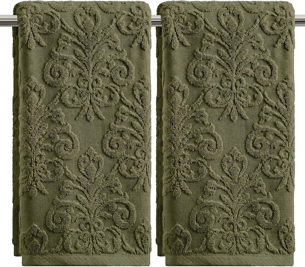 Artoid Mode 2 Pcs Olive Green 3D Vintage Floral Hand Towels for Bathroom, 100% Cotton Soft Absorbent Bathroom Decor Towels, 13.7 x 29.5 Inch