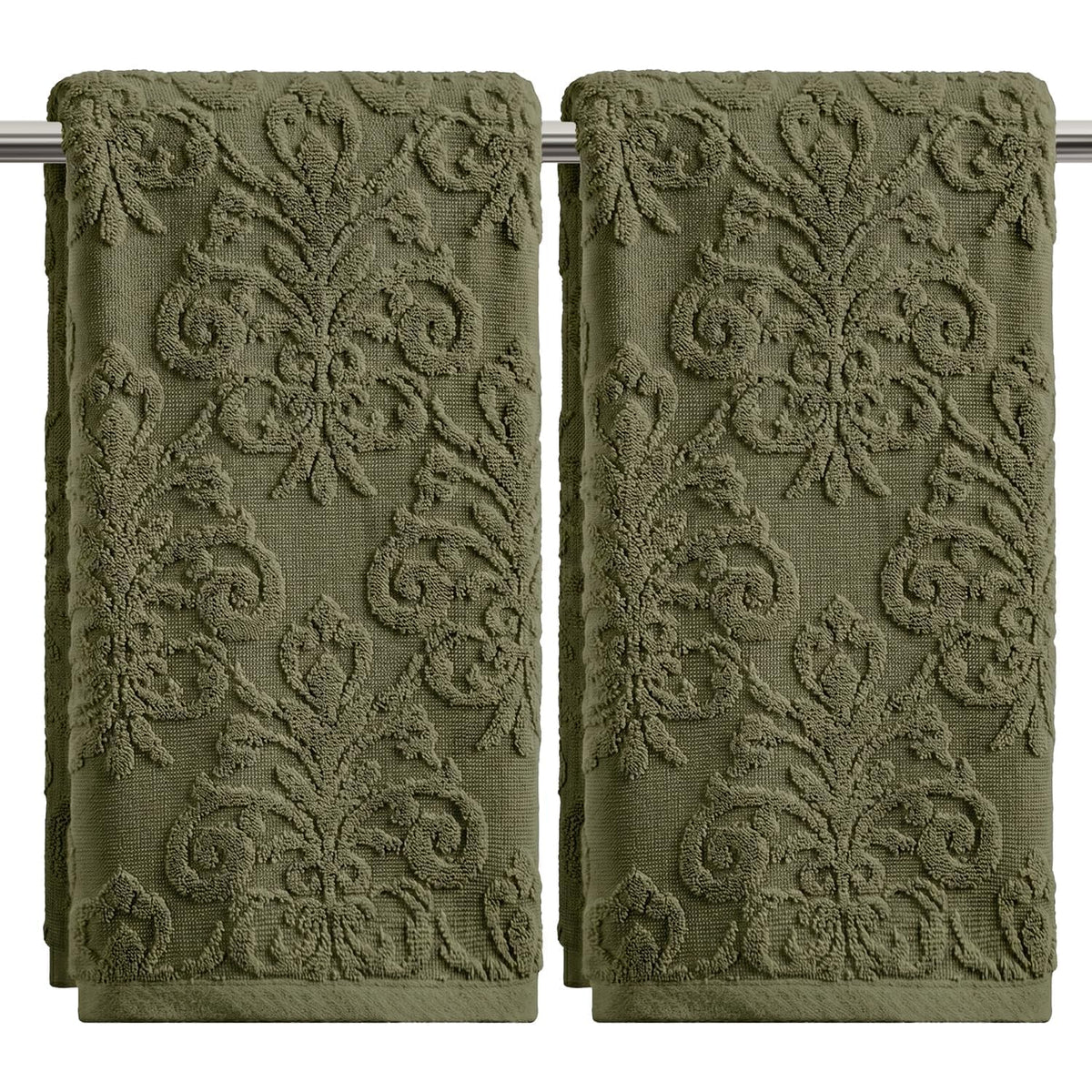 Artoid Mode 2 Pcs Olive Green 3D Vintage Floral Hand Towels for Bathroom, 100% Cotton Soft Absorbent Bathroom Decor Towels, 13.7 x 29.5 Inch