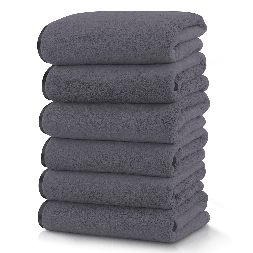 TENSTARS Luxury Silk Hemming Towel Set - Light Thin Quick Drying - 2 Bath Towels 2 Hand Towels 2 Washcloths - Ultra Soft Microfiber, for Bath Fitness, Sports, Yoga, Travel (Dark Grey 6 Pieces)