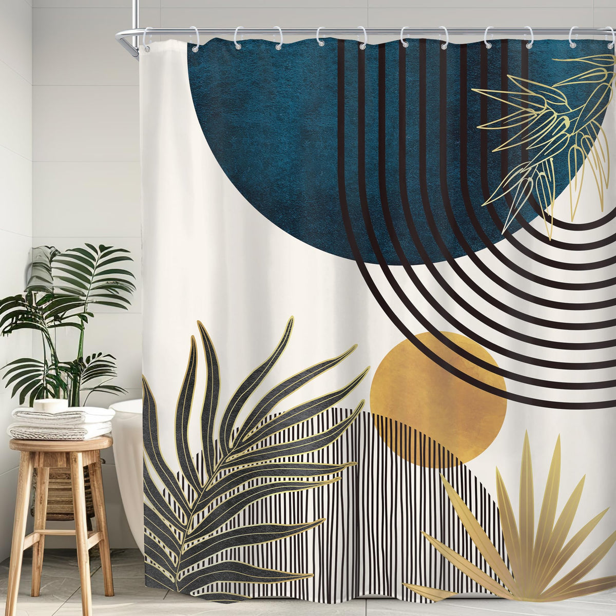 Mid Century Green Orange Boho Abstract Modern Bathroom Shower Curtain Set