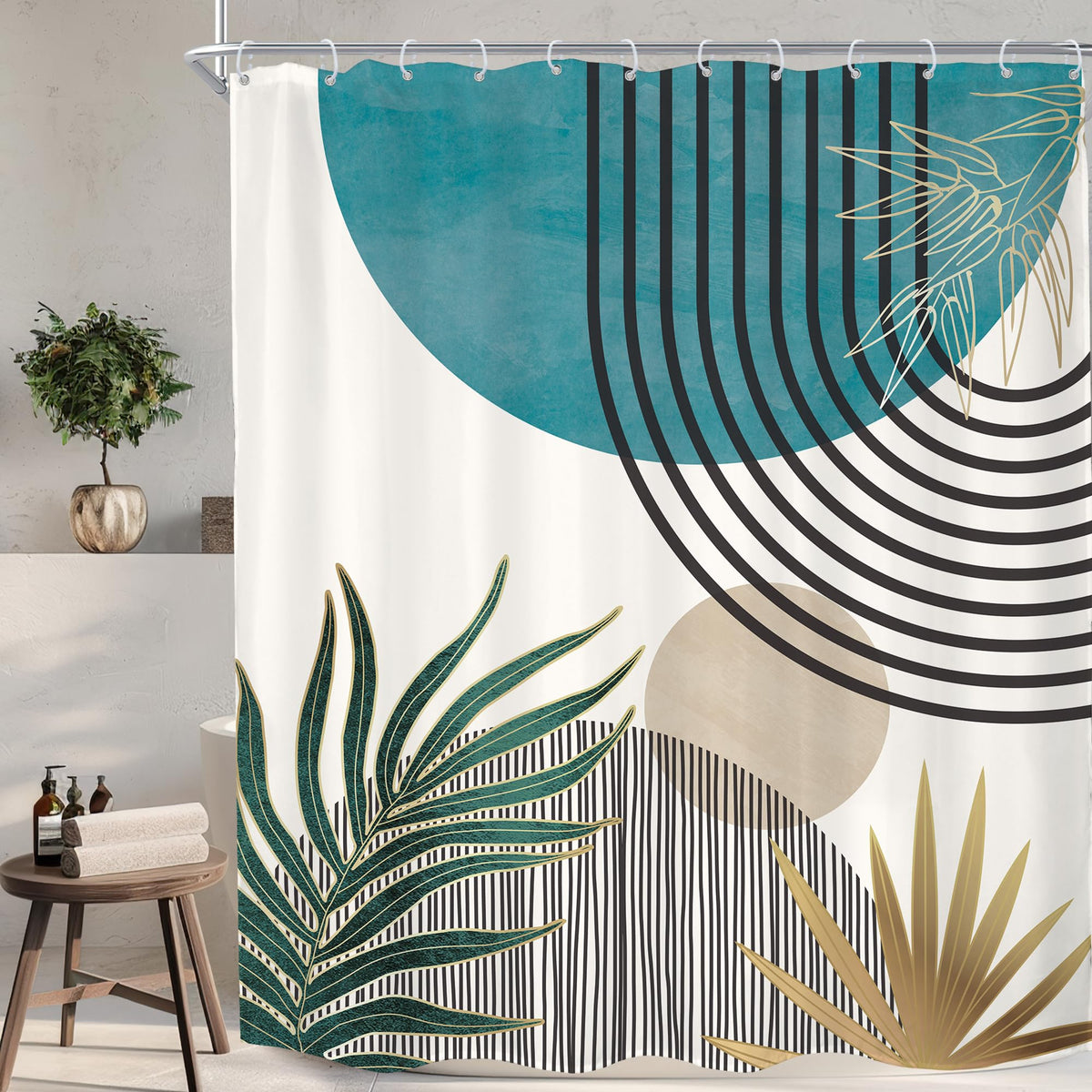 Mid Century Green Orange Boho Abstract Modern Bathroom Shower Curtain Set