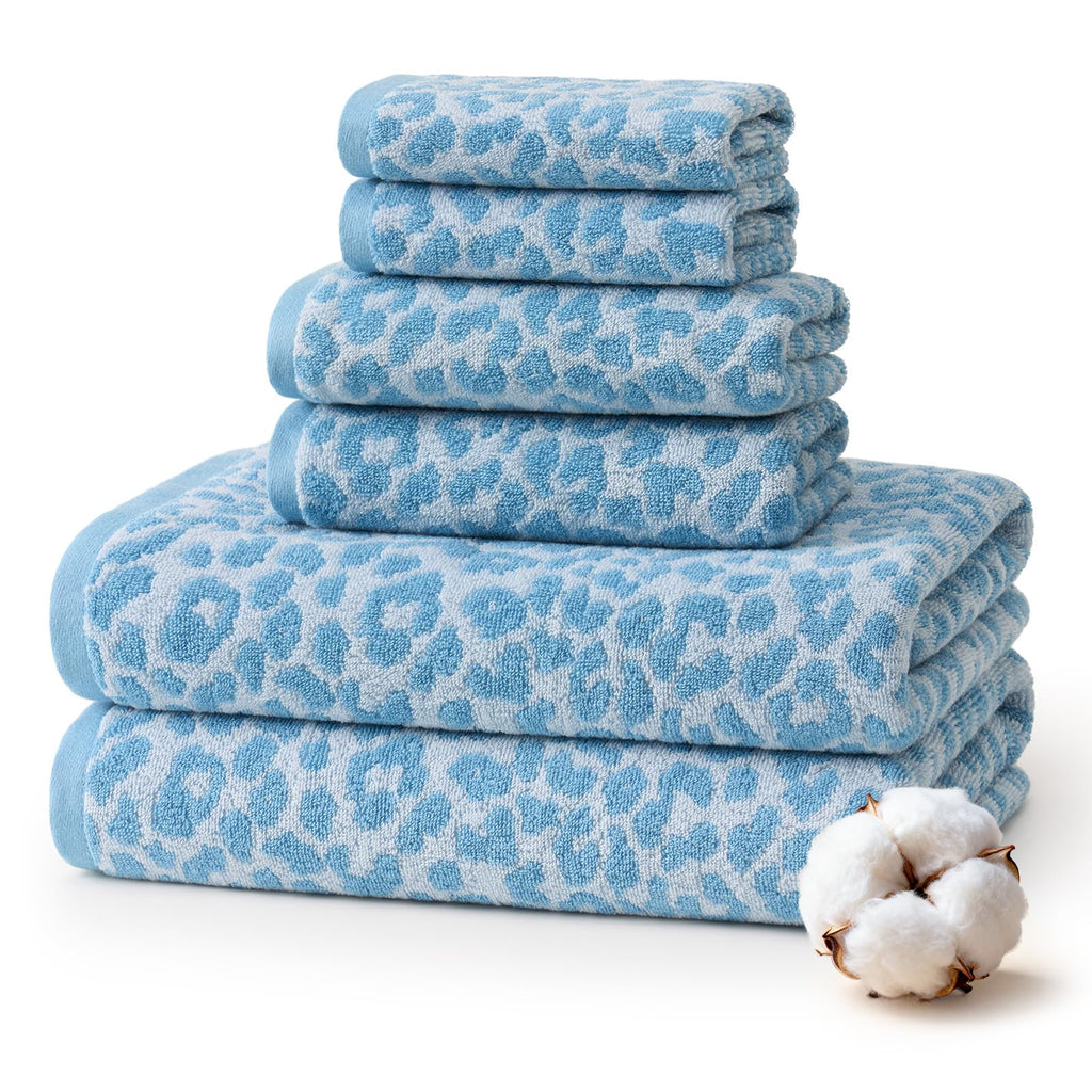 REDKISS Leopard Print Towel Set of 6,100% Cotton Bathroom Towels,Quick Dry & Absorbent,2 Bath Towel, 2 Hand Towel, 2 Washcloth-Pink