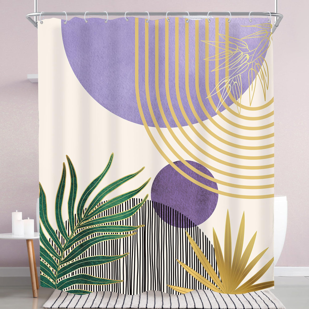 Mid Century Green Orange Boho Abstract Modern Bathroom Shower Curtain Set