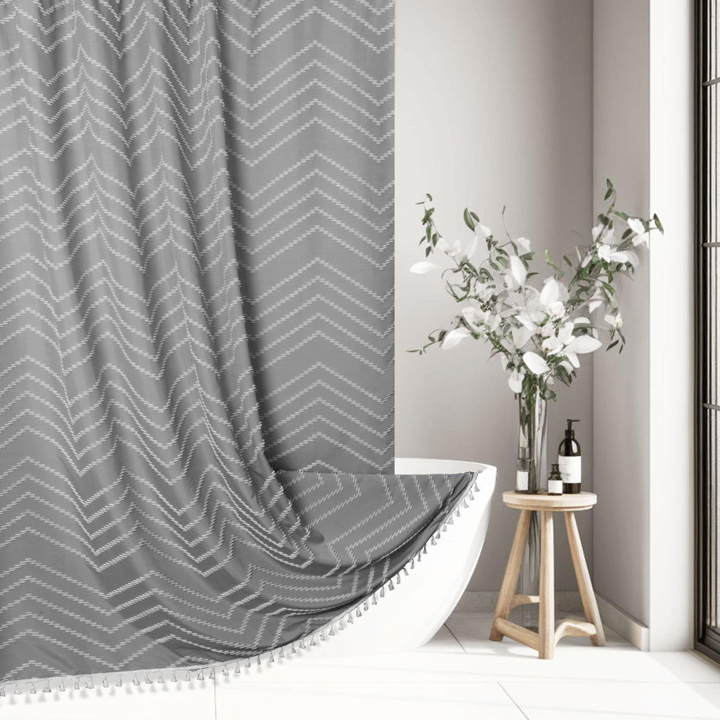 Siiluminisoy Boho Shower Curtain with Tassel Woven Fabric Olive Green Shower Curtain 72 x 72 Modern Farmhouse Textured Tufted Chevron Striped Minimalist Bathroom Shower Curtains