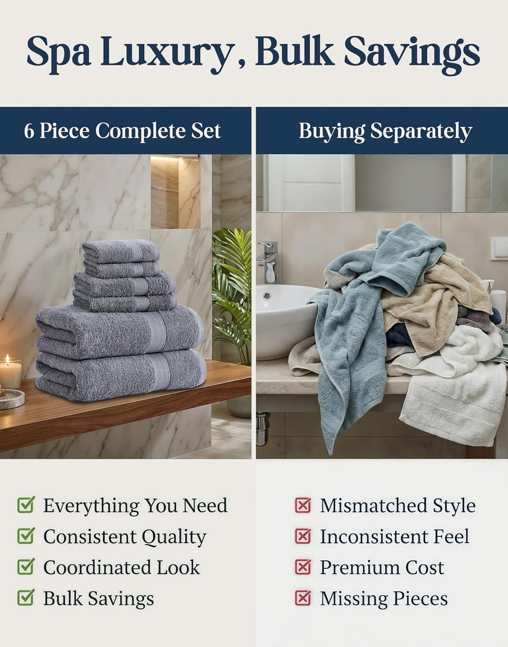LANE LINEN 100% Cotton Bath Towel Set - 6 Pieces - Softer, Durable & Highly Absorbent - 2 Bath, 2 Wash cloths, 2 Hand Towels for Bathroom - Family Set, Premium Quality & OEKO-TEX Certified - Cool Grey