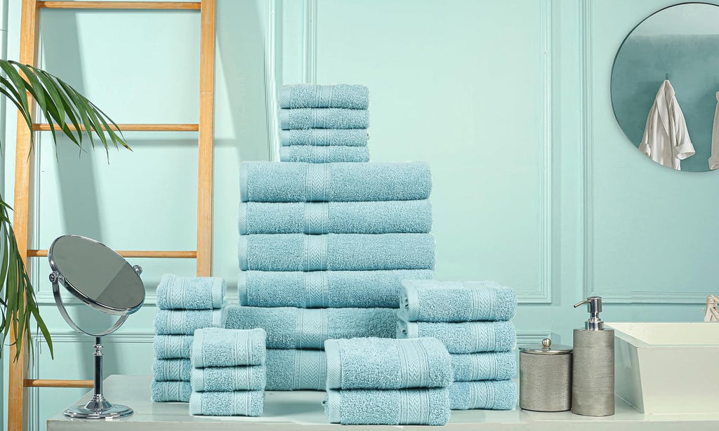 HILLFAIR 100% Cotton 24 Piece Bath Towels Set for Bathroom - Ocean Blue
