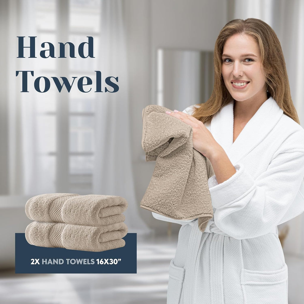 White Classic Luxury Taupe Bath Towel Set of 8 - Soft 100% Turkish Cotton