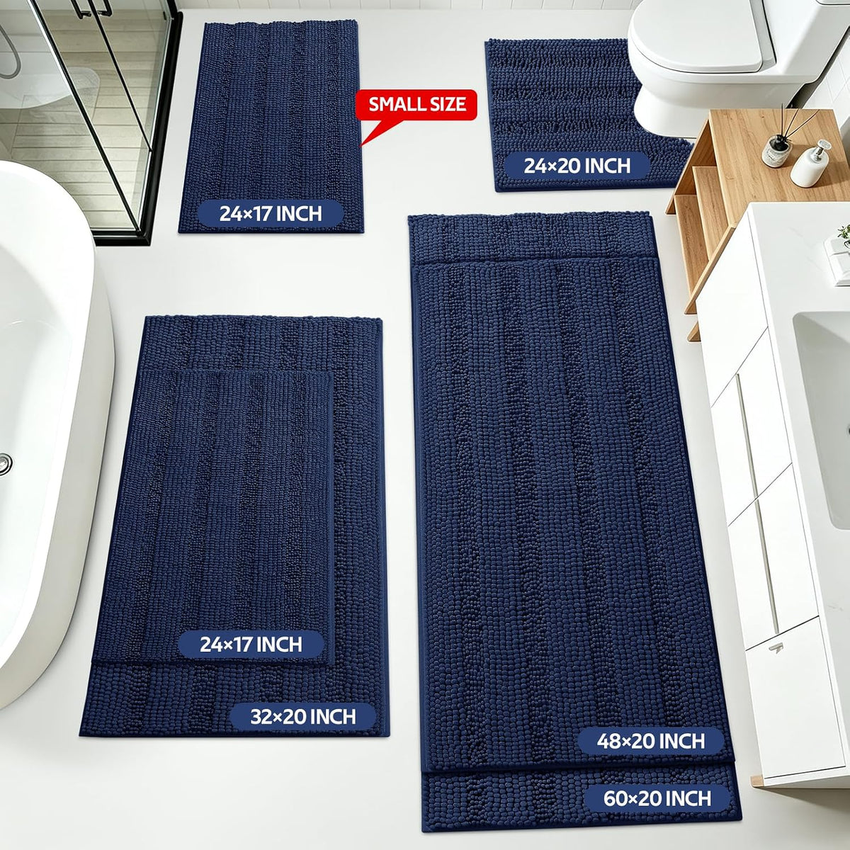 ACCUMTEK Striped Navy Blue Bathroom Rug Set 3 Pieces Ultra Soft, Non Slip Chenille Toilet Mat, Absorbent Plush Shaggy Bath Mats for Bathroom, Bedroom, Kitchen