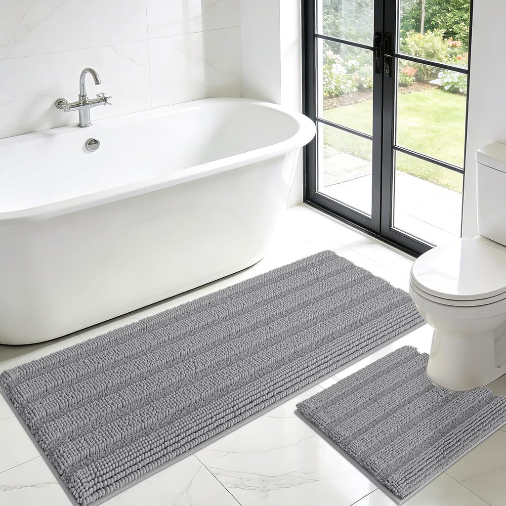 ACCUMTEK Striped Navy Blue Bathroom Rug Set 3 Pieces Ultra Soft, Non Slip Chenille Toilet Mat, Absorbent Plush Shaggy Bath Mats for Bathroom, Bedroom, Kitchen
