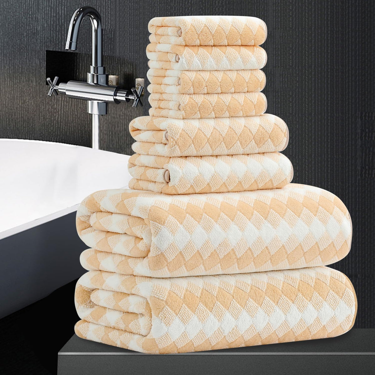 8 Piece Bathroom Towel Set Black White|2 Oversized Large Bath Towels Sheet,2 Hand Towels,4 Washcloths| 600GSM Soft Towel Set for Bathroom Hotel,Highly Absorbent Quick Dry Bath Towel Collections
