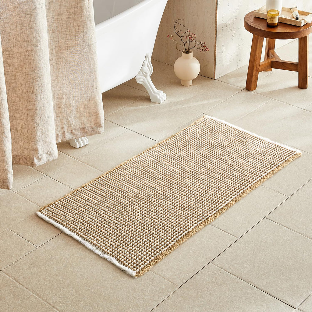 TYUU Waffle Bath Mat, Boho Bathroom Rugs Non Slip Washable, 30x20 Khaki