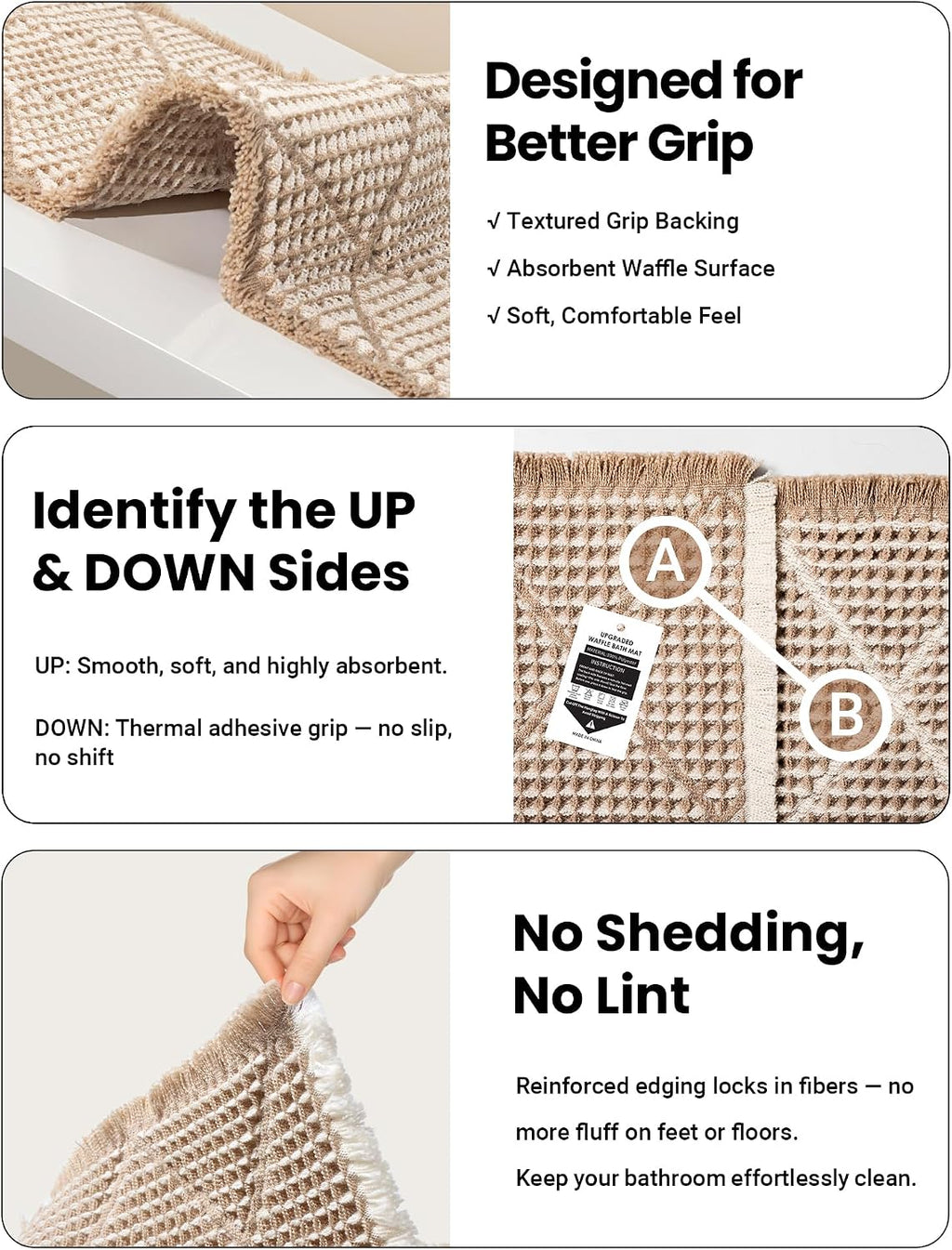 Furicher Waffle Bath Mat Set, Non Slip Bathroom Rugs 2 Piece, Brown & White