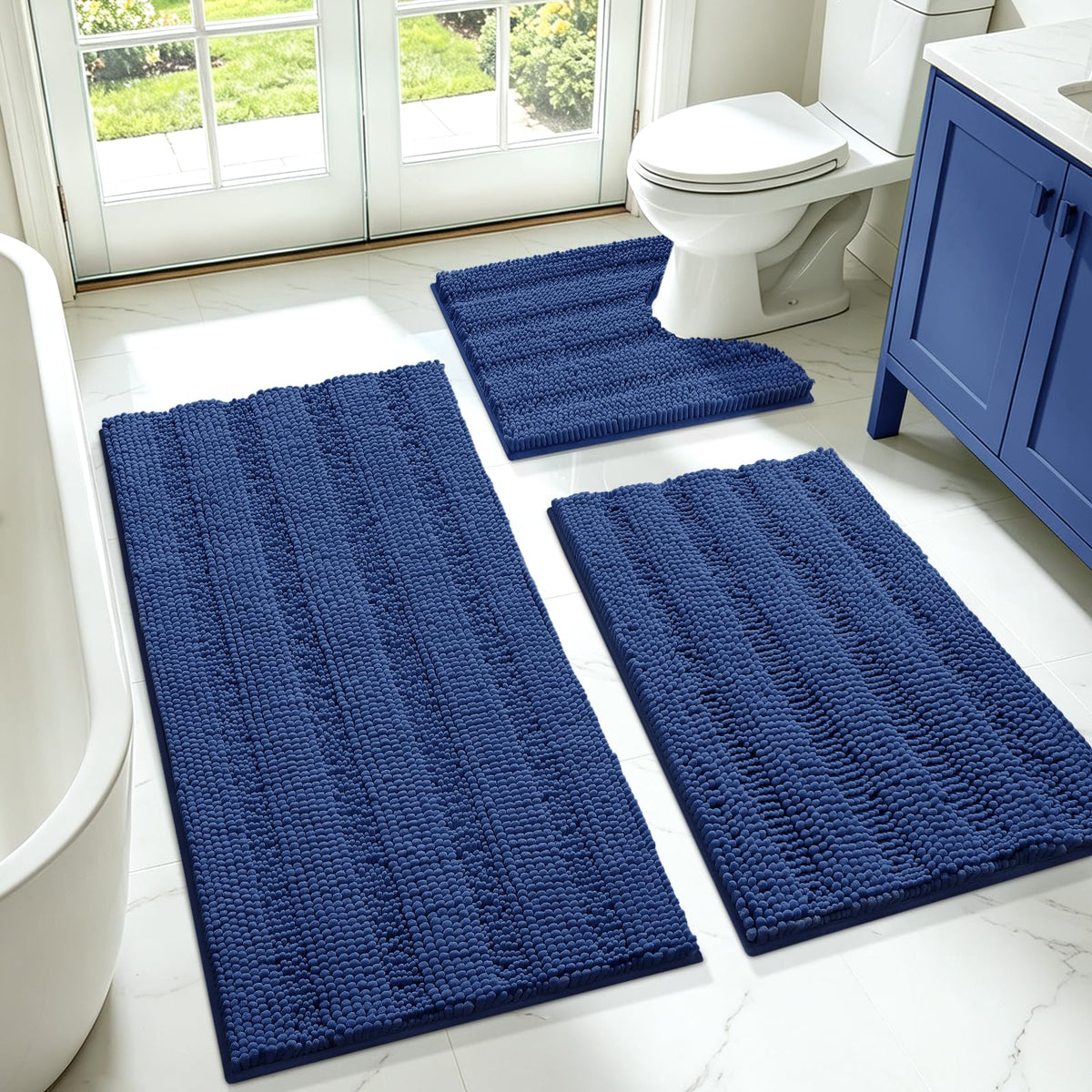 ACCUMTEK Striped Navy Blue Bathroom Rug Set 3 Pieces Ultra Soft, Non Slip Chenille Toilet Mat, Absorbent Plush Shaggy Bath Mats for Bathroom, Bedroom, Kitchen