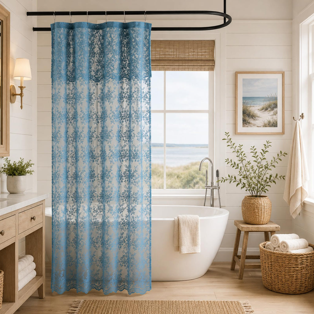 TUDECO White Lace Shower Curtain with Attached Valance 72 x 72 Inch