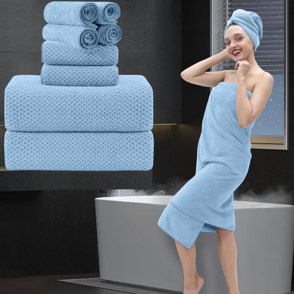 8 Piece Bathroom Towel Set Black White|2 Oversized Large Bath Towels Sheet,2 Hand Towels,4 Washcloths| 600GSM Soft Towel Set for Bathroom Hotel,Highly Absorbent Quick Dry Bath Towel Collections