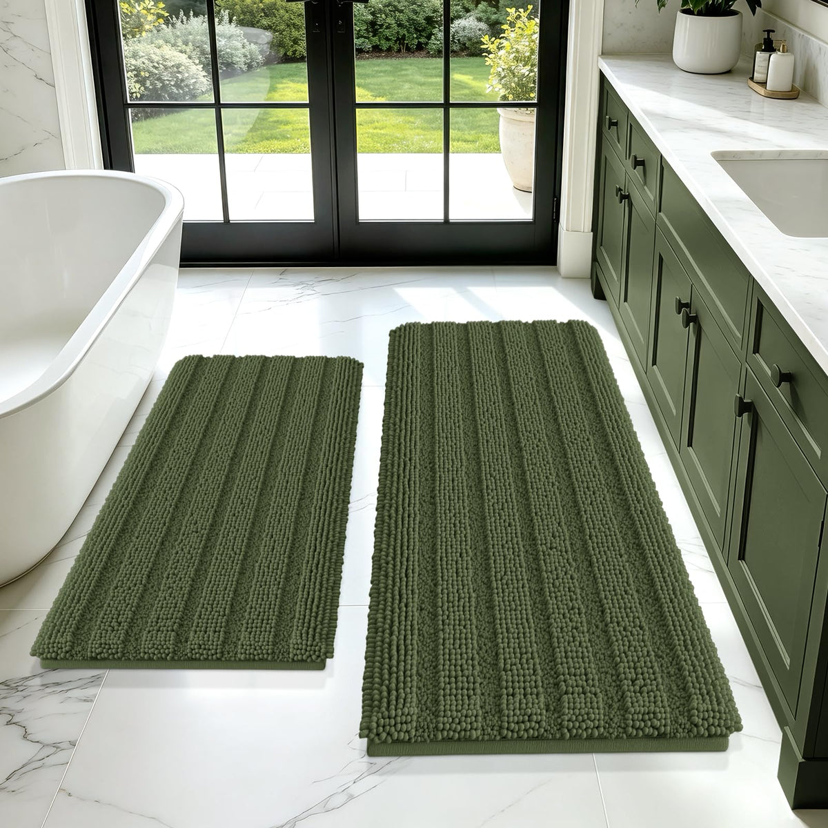 ACCUMTEK Striped Navy Blue Bathroom Rug Set 3 Pieces Ultra Soft, Non Slip Chenille Toilet Mat, Absorbent Plush Shaggy Bath Mats for Bathroom, Bedroom, Kitchen