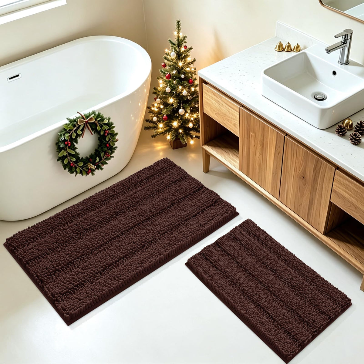 ACCUMTEK Striped Navy Blue Bathroom Rug Set 3 Pieces Ultra Soft, Non Slip Chenille Toilet Mat, Absorbent Plush Shaggy Bath Mats for Bathroom, Bedroom, Kitchen